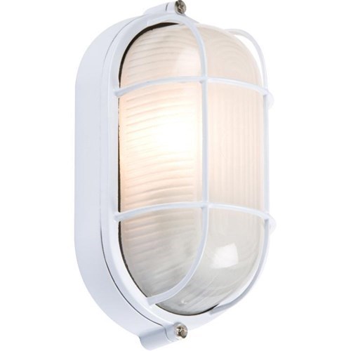 Knightsbridge 230V IP54 60W White Oval Bulkhead with Wire Guard and Glass Diffuser TPOV60W - West Midland Electrics | CCTV & Electrical Wholesaler
