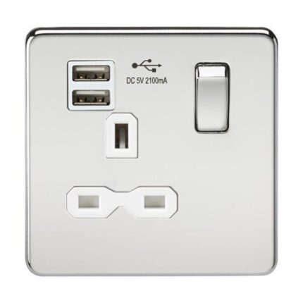 Knightsbridge Screwless 13A 1G switched socket with dual USB charger (2.1A) – polished chrome with white insert SFR9901PCW - West Midland Electrics | CCTV & Electrical Wholesaler 5