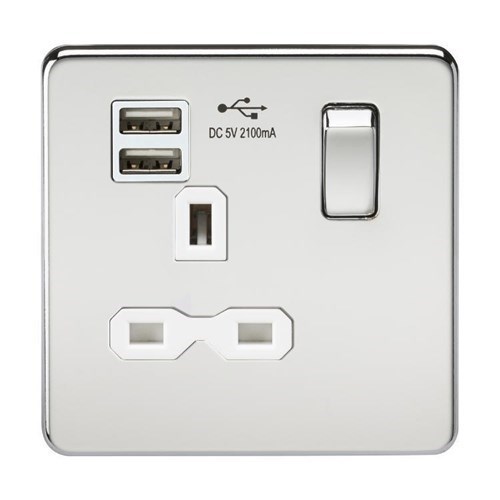 Knightsbridge Screwless 13A 1G switched socket with dual USB charger (2.1A) – polished chrome with white insert SFR9901PCW - West Midland Electrics | CCTV & Electrical Wholesaler 3