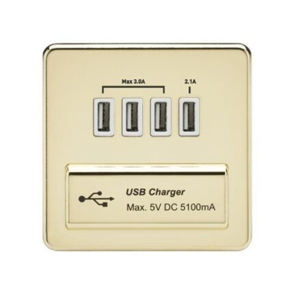 Knightsbridge Screwless Quad USB Charger Outlet (5.1A) – Polished Brass with White Insert SFQUADPBW - West Midland Electrics | CCTV & Electrical Wholesaler 5