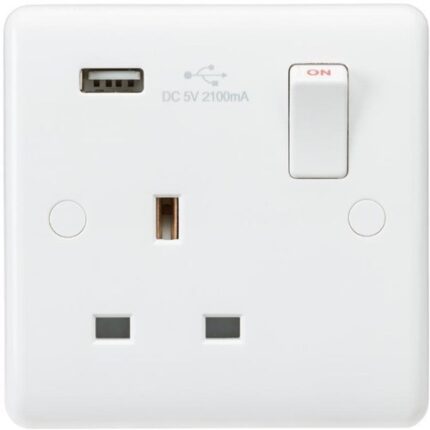 Knightsbridge Curved Edge 13A 1G Switched Socket with USB Charger (5V DC 2.1A) CU9903 - West Midland Electrics | CCTV & Electrical Wholesaler