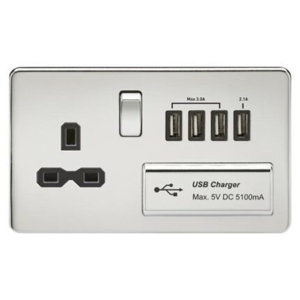 Knightsbridge Screwless 13A switched socket with quad USB charger (5.1A) – polished chrome with black insert SFR7USB4PC - West Midland Electrics | CCTV & Electrical Wholesaler 5