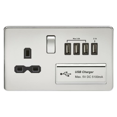 Knightsbridge Screwless 13A switched socket with quad USB charger (5.1A) – polished chrome with black insert SFR7USB4PC - West Midland Electrics | CCTV & Electrical Wholesaler 3