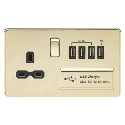 Knightsbridge Screwless 13A switched socket with quad USB charger (5.1A) – polished brass with black insert SFR7USB4PB - West Midland Electrics | CCTV & Electrical Wholesaler
