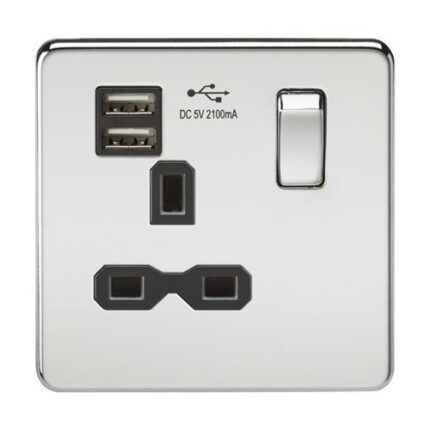 Knightsbridge Screwless 13A 1G switched socket with dual USB charger (2.1A) – polished chrome with black insert - West Midland Electrics | CCTV & Electrical Wholesaler 5