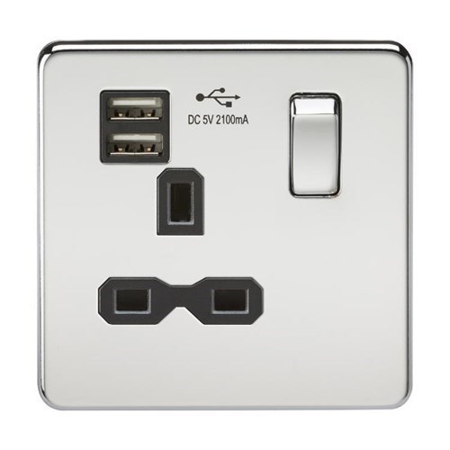 Knightsbridge Screwless 13A 1G switched socket with dual USB charger (2.1A) – polished chrome with black insert - West Midland Electrics | CCTV & Electrical Wholesaler 3