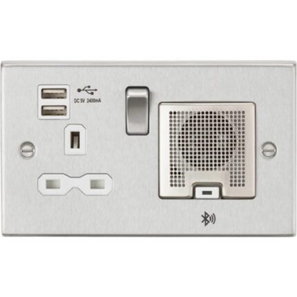 Knightsbridge 13A Socket, USB chargers (2.4A), & Bluetooth Speaker – Square Edge Brushed Chrome with white insert CS9905BCW - West Midland Electrics | CCTV & Electrical Wholesaler