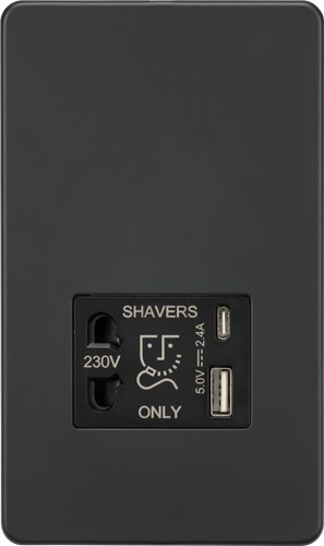 Knightsbridge Shaver socket with dual USB A+C (5V DC 2.4A shared) – Anthracite SF8909AT - West Midland Electrics | CCTV & Electrical Wholesaler
