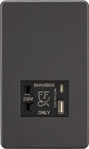 Knightsbridge Shaver socket with dual USB A+C (5V DC 2.4A shared) – smoked bronze SF8909SB - West Midland Electrics | CCTV & Electrical Wholesaler