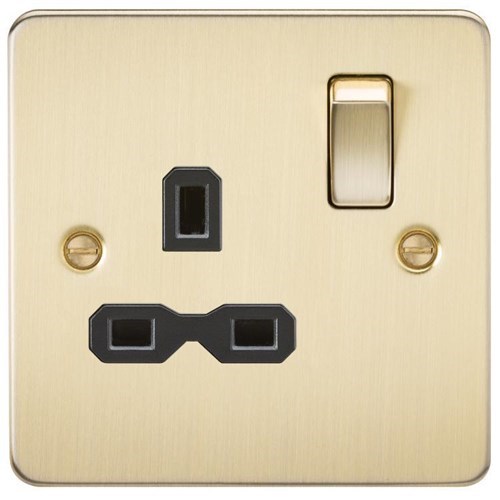 Knightsbridge Flat plate 13A 1G DP switched socket – brushed brass with black insert FPR7000BB - West Midland Electrics | CCTV & Electrical Wholesaler