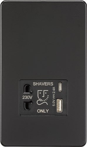 Knightsbridge Shaver socket with dual USB A+C (5V DC 2.4A shared) – matt black SF8909MB - West Midland Electrics | CCTV & Electrical Wholesaler