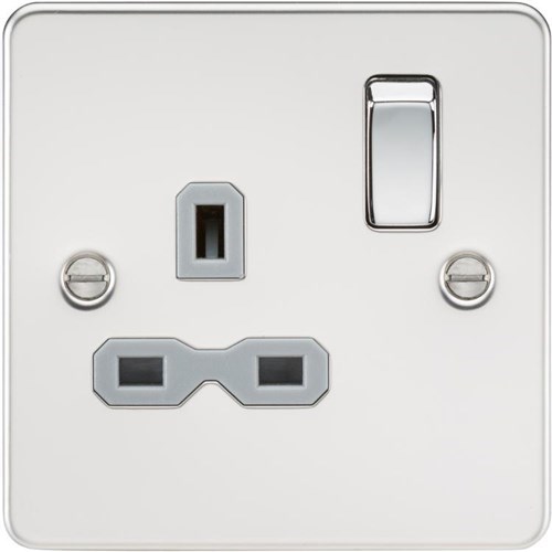 Knightsbridge Flat plate 13A 1G DP switched socket – polished chrome with grey insert FPR7000PCG - West Midland Electrics | CCTV & Electrical Wholesaler