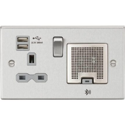 Knightsbridge 13A Socket, USB chargers (2.4A), & Bluetooth Speaker – Square Edge Brushed Chrome with grey insert CS9905BCG - West Midland Electrics | CCTV & Electrical Wholesaler