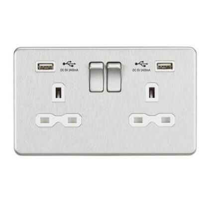 Knightsbridge 13A 2G Switched Socket with Dual USB Charger (2.4A) – Brushed Chrome with White Insert SFR9224BCW - West Midland Electrics | CCTV & Electrical Wholesaler