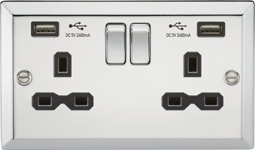 Knightsbridge 13A 2G Switched Socket Dual USB Charger (2.4A) with Black Insert – Bevelled Edge Polished Chrome CV9224PC - West Midland Electrics | CCTV & Electrical Wholesaler