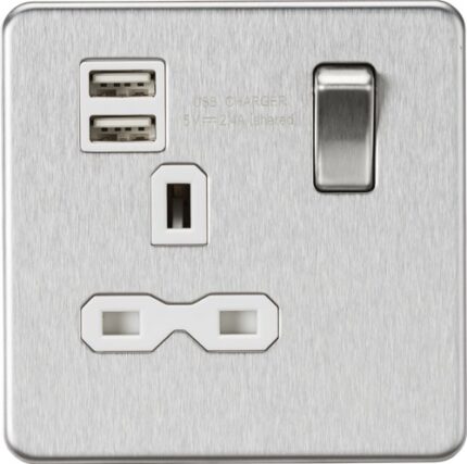 Knightsbridge Screwless 13A 1G switched socket with dual USB charger (2.4A) – brushed chrome with white insert SFR9124BCW - West Midland Electrics | CCTV & Electrical Wholesaler 5