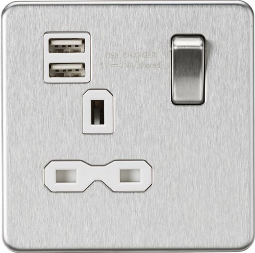 Knightsbridge Screwless 13A 1G switched socket with dual USB charger (2.4A) – brushed chrome with white insert SFR9124BCW - West Midland Electrics | CCTV & Electrical Wholesaler