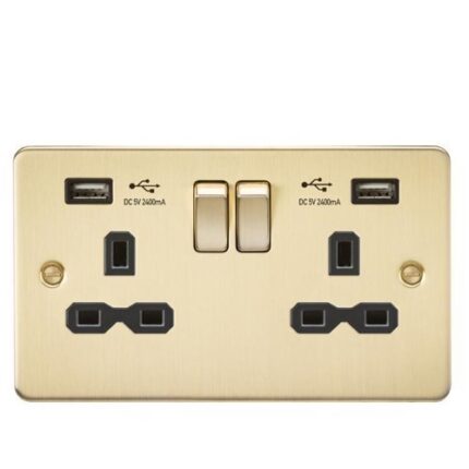 Knightsbridge Flat plate 13A 2G switched socket with dual USB charger (2.4A) – brushed brass with black insert FPR9224BB - West Midland Electrics | CCTV & Electrical Wholesaler 5