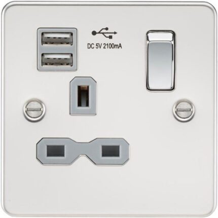 Knightsbridge Flat plate 13A 1G switched socket with dual USB charger (2.1A) – polished chrome with grey insert FPR9901PCG - West Midland Electrics | CCTV & Electrical Wholesaler 5
