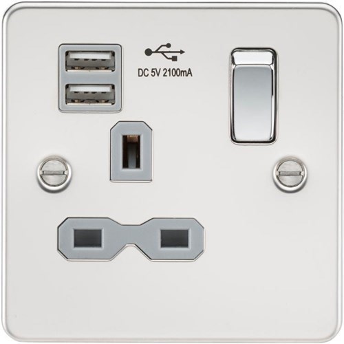 Knightsbridge Flat plate 13A 1G switched socket with dual USB charger (2.1A) – polished chrome with grey insert FPR9901PCG - West Midland Electrics | CCTV & Electrical Wholesaler 3