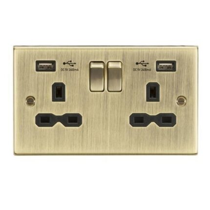 Knightsbridge 13A 2G Switched Socket Dual USB Charger (2.4A) with Black Insert – Square Edge Antique Brass CS9224AB - West Midland Electrics | CCTV & Electrical Wholesaler 5