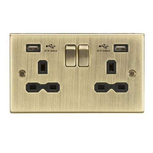 Knightsbridge 13A 2G Switched Socket Dual USB Charger (2.4A) with Black Insert – Square Edge Antique Brass CS9224AB - West Midland Electrics | CCTV & Electrical Wholesaler 3