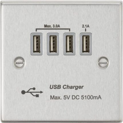 Knightsbridge Quad USB Charger Outlet (5.1A) – Brushed Chrome with Grey Insert CSQUADBCG - West Midland Electrics | CCTV & Electrical Wholesaler