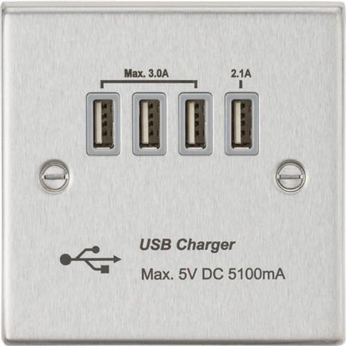 Knightsbridge Quad USB Charger Outlet (5.1A) – Brushed Chrome with Grey Insert CSQUADBCG - West Midland Electrics | CCTV & Electrical Wholesaler