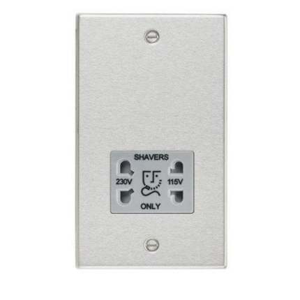 Knightsbridge 115/230V Dual Voltage Shaver Socket with Grey Insert – Square Edge Brushed Chrome CS89BCG - West Midland Electrics | CCTV & Electrical Wholesaler