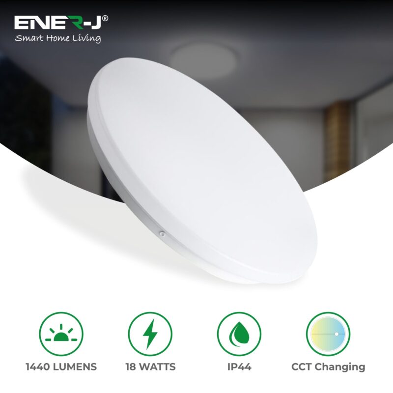 Ener-J 18W CEILING LIGHT WITH MICROWAVE SENSOR, 1440 LUMENS, CCT CHANGEABLE, Φ300*55mm, IP44 E143 - West Midland Electrics | CCTV & Electrical Wholesaler