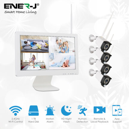 Ener-J Premium Wireless CCTC Kit with 4 x Outdoor Bullet Cameras, 15.6 monitor & 8CH NVR with 1TB HDD pre installed IPC1025 - West Midland Electrics | CCTV & Electrical Wholesaler