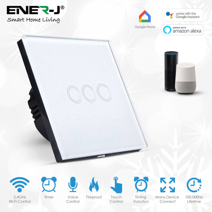 Ener-J Wifi Smart 3 Gang Touch Switch, No Neutral Needed, White Body SHA5314 - West Midland Electrics | CCTV & Electrical Wholesaler 3