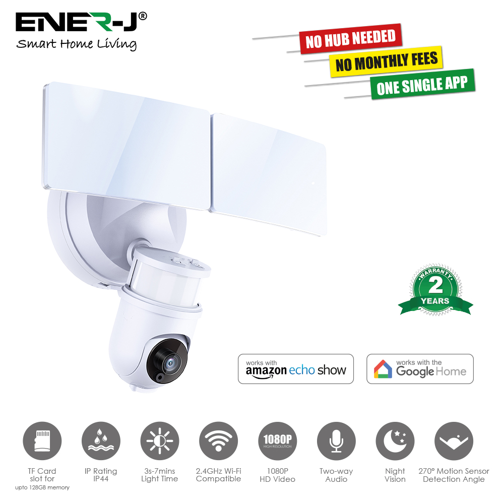 Ener-J Wifi Outdoor Security Kit with IP Camera and twin LED Floodlight, 2 way audio, White SHA5293 - West Midland Electrics | CCTV & Electrical Wholesaler
