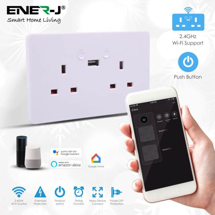 Ener-J Smart WiFi 13A WiFi Twin Wall Sockets with single USB. Push button SHA5302 - West Midland Electrics | CCTV & Electrical Wholesaler 3