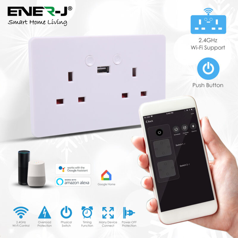 Ener-J Smart WiFi 13A WiFi Twin Wall Sockets with single USB. Push button SHA5302 - West Midland Electrics | CCTV & Electrical Wholesaler