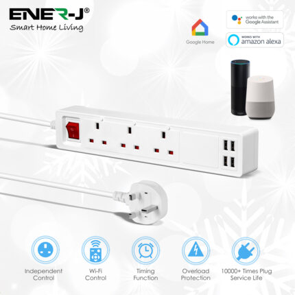 Ener-J 13A SMART Wi-Fi Power Strips with 3 Sockets & 4 USB SHA5318 - West Midland Electrics | CCTV & Electrical Wholesaler