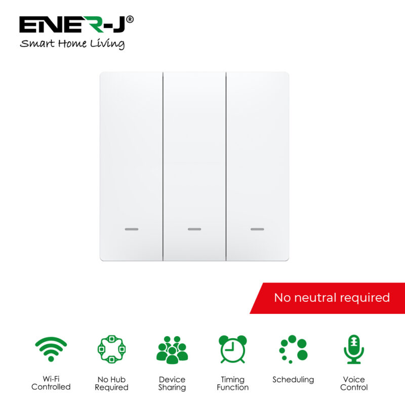 Ener-J 3 Gang Smart Push Button Mechanical Light Switch, No Neutral Needed, APP & Voice Control SHA5353 - West Midland Electrics | CCTV & Electrical Wholesaler