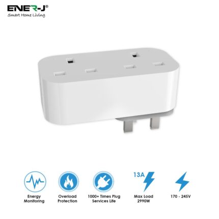 Ener-J 13A WiFi Dual Smart Plug, UK BS Plug, With Energy Monitor SHA5354 - West Midland Electrics | CCTV & Electrical Wholesaler