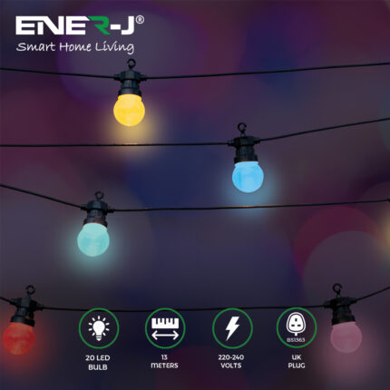 Ener-J 13 Meters RGB String Light Kit, 5V 5W (20 RGB Bulbs + IR Remote + UK Adapter) T473 - West Midland Electrics | CCTV & Electrical Wholesaler