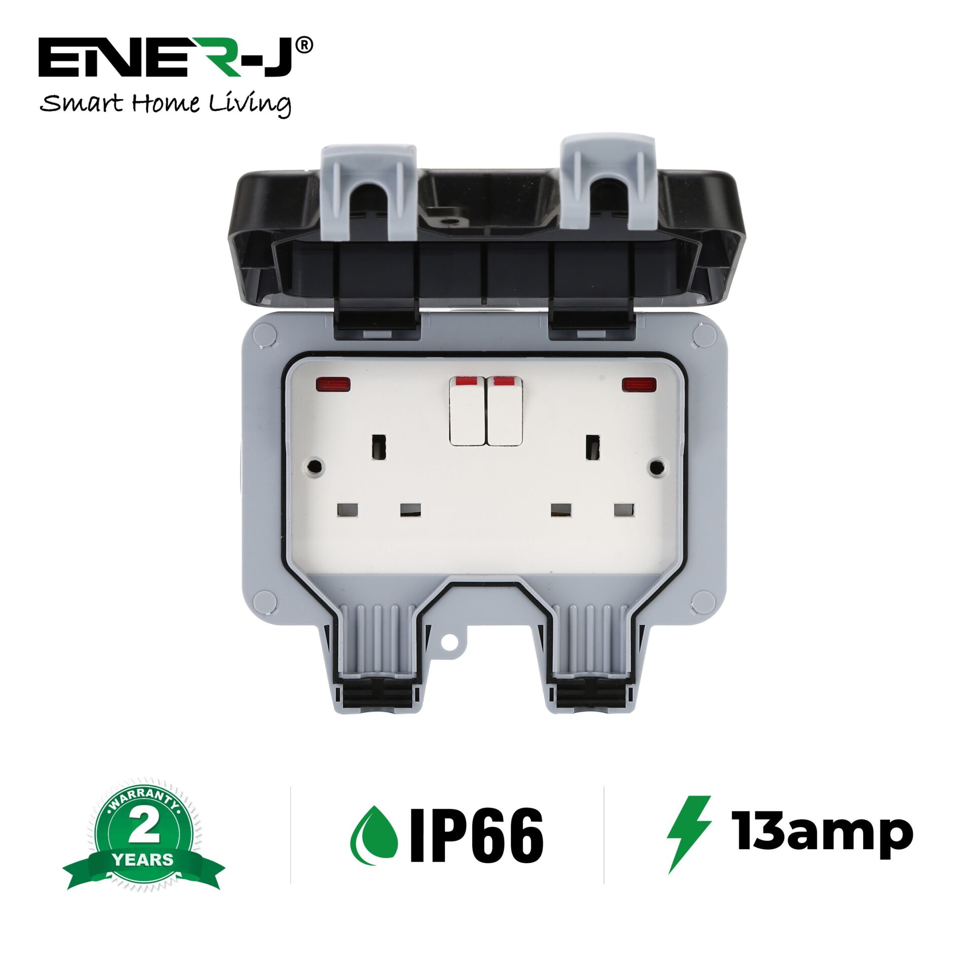 Ener-J Waterproof 13A Twin BS Sockets with switch T996 - West Midland Electrics | CCTV & Electrical Wholesaler