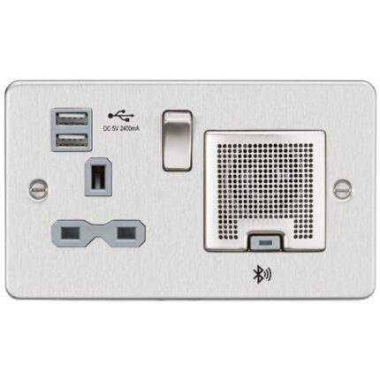 Knightsbridge Flat Plate 13A socket,USB chargers (2.4A) and Bluetooth Speaker – Brushed chrome with grey insert FPR9905BCG - West Midland Electrics | CCTV & Electrical Wholesaler 5