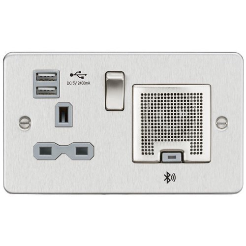 Knightsbridge Flat Plate 13A socket,USB chargers (2.4A) and Bluetooth Speaker – Brushed chrome with grey insert FPR9905BCG - West Midland Electrics | CCTV & Electrical Wholesaler 3