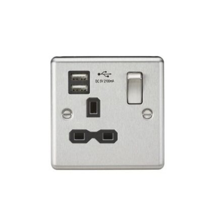 Knightsbridge 13A 1G Switched Socket Dual USB Charger Slots with Black Insert – Rounded Edge Brushed Chrome - West Midland Electrics | CCTV & Electrical Wholesaler 5