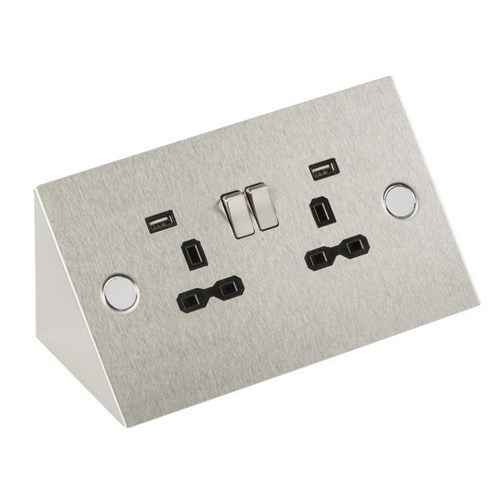 Knightsbridge 13A 2G Mounting Switched Socket with Dual USB Charger (2.4A) – Stainless Steel with black insert SKR002A - West Midland Electrics | CCTV & Electrical Wholesaler