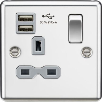 Knightsbridge 13A 1G Switched Socket Dual USB Charger Slots with Grey Insert – Rounded Edge Polished Chrome CL91PCG - West Midland Electrics | CCTV & Electrical Wholesaler 5