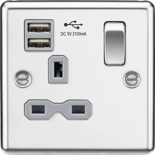 Knightsbridge 13A 1G Switched Socket Dual USB Charger Slots with Grey Insert – Rounded Edge Polished Chrome CL91PCG - West Midland Electrics | CCTV & Electrical Wholesaler