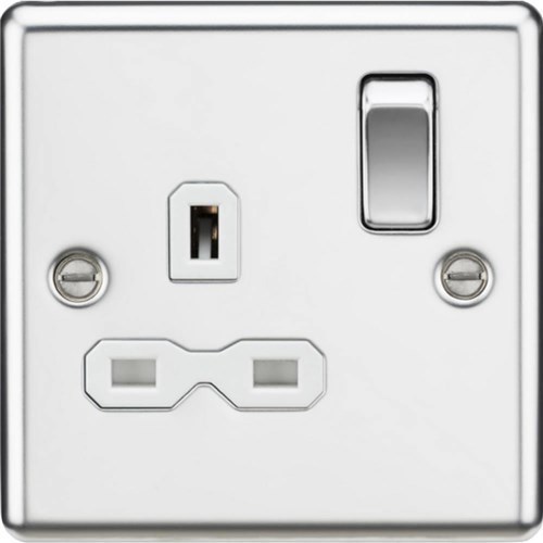 Knightsbridge 13A 1G DP Switched Socket with White Insert – Rounded Edge Polished Chrome CL7PCW - West Midland Electrics | CCTV & Electrical Wholesaler
