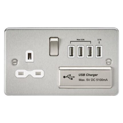 Knightsbridge Flat plate 13A switched socket with quad USB charger – brushed chrome with white insert FPR7USB4BCW - West Midland Electrics | CCTV & Electrical Wholesaler 5