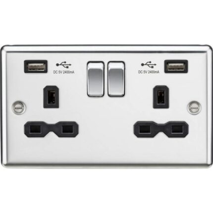 Knightsbridge 13A 2G switched socket with dual USB charger A + A (2.4A) – Polished chrome with black insert CL9224PC - West Midland Electrics | CCTV & Electrical Wholesaler 5