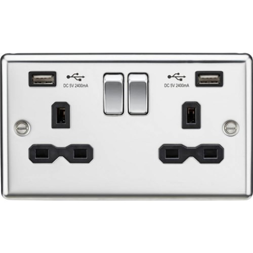 Knightsbridge 13A 2G switched socket with dual USB charger A + A (2.4A) – Polished chrome with black insert CL9224PC - West Midland Electrics | CCTV & Electrical Wholesaler